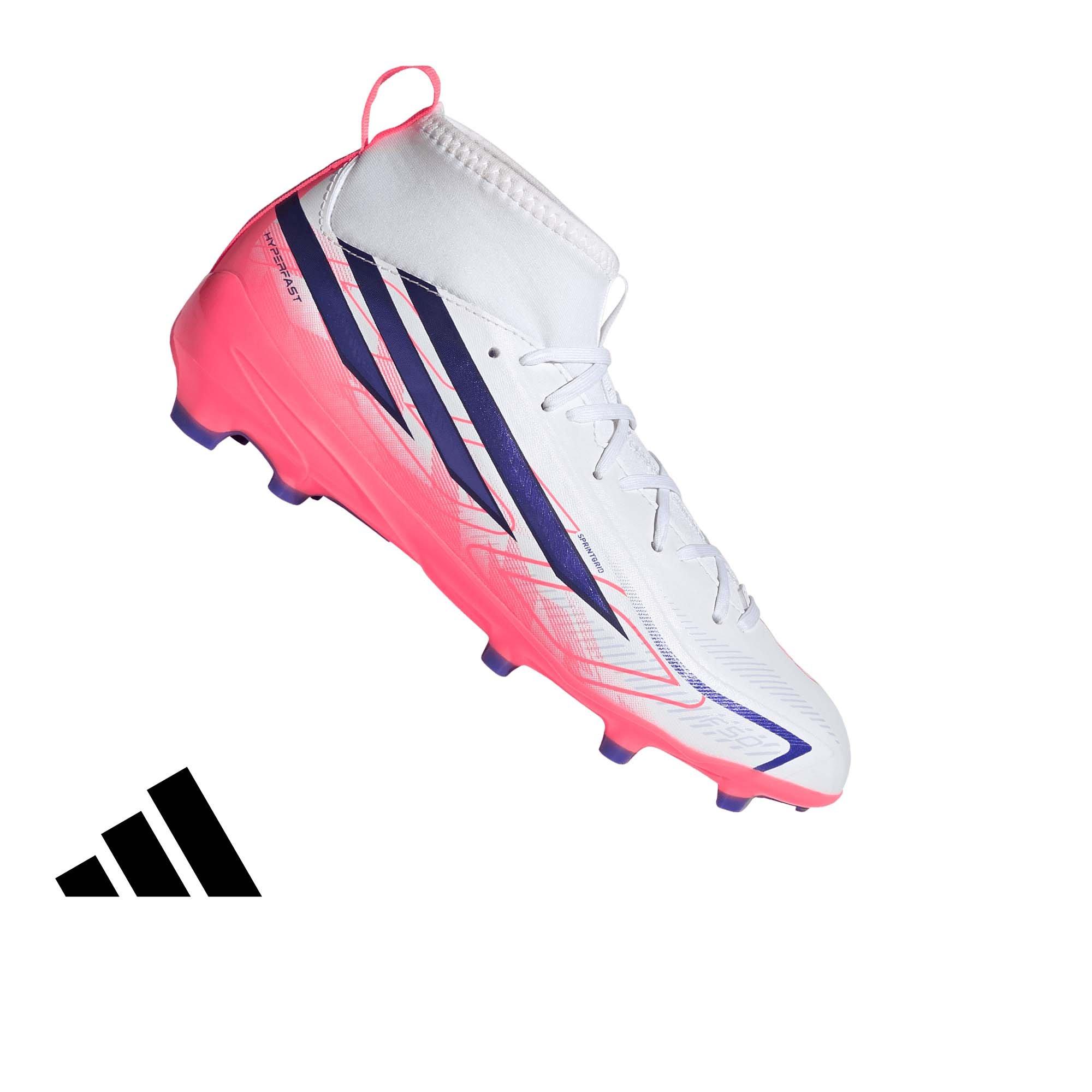 adidas F50 Hyperfast League Mid FG "Solar Turbo" Grade School Kids' Soccer Cleat - CLOUD WHITE/SOLAR PURPLE/SOLAR TURBO